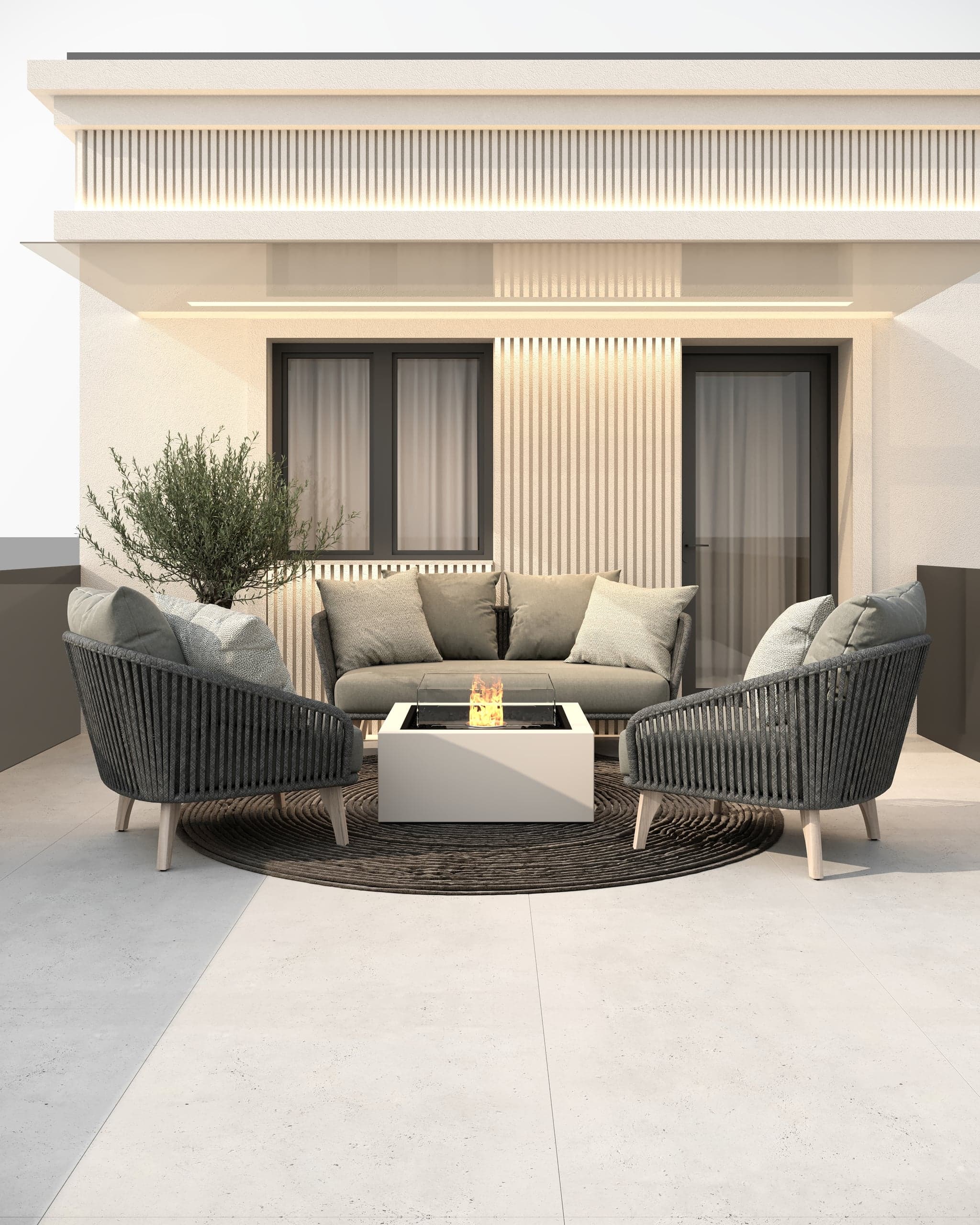 Lounge de terasă cu foc deschis în Reședința Luma