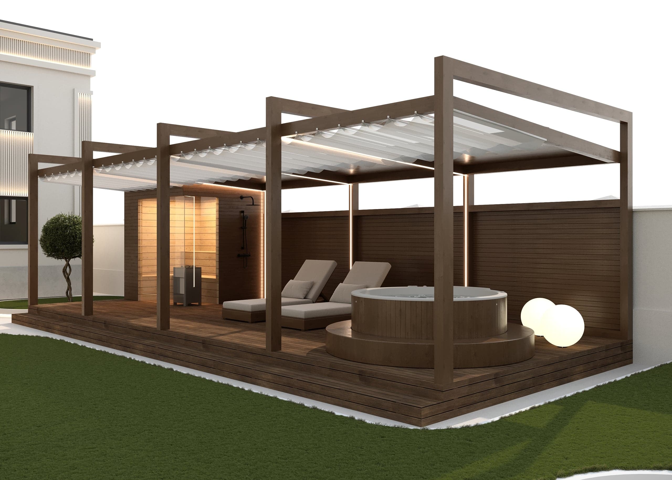 Pergolă cu saună, duș exterior și jacuzzi în Reședința Luma