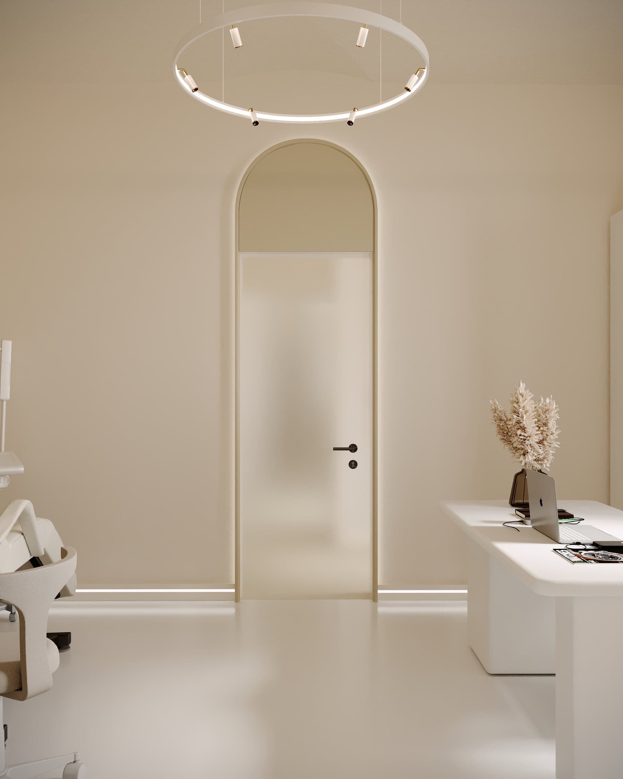 Cabinet minimalist cu ușă arcuită luminată în Clinica de Fizioterapie
