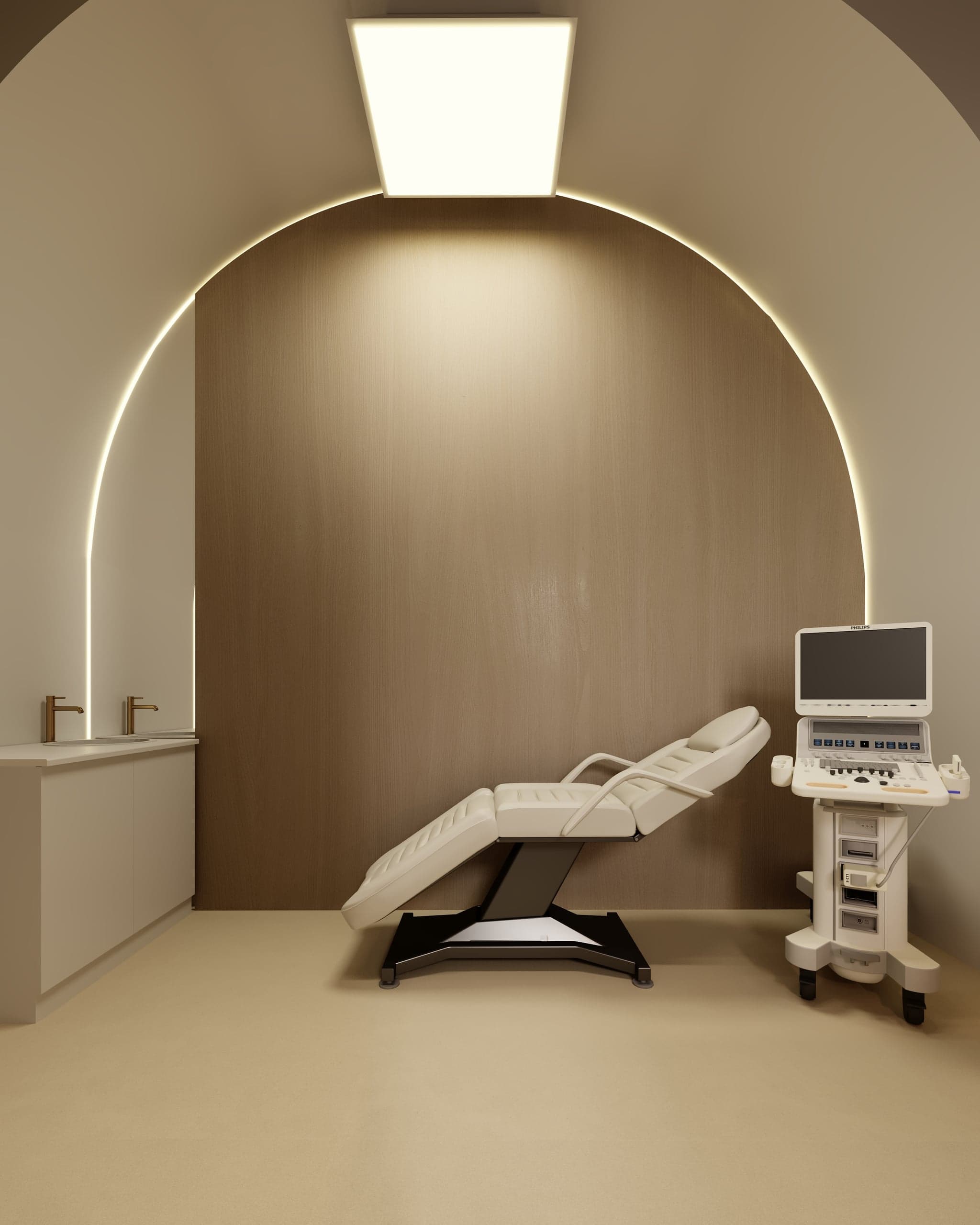Cabină cu fotoliu medical și ecograf în Clinica de Fizioterapie