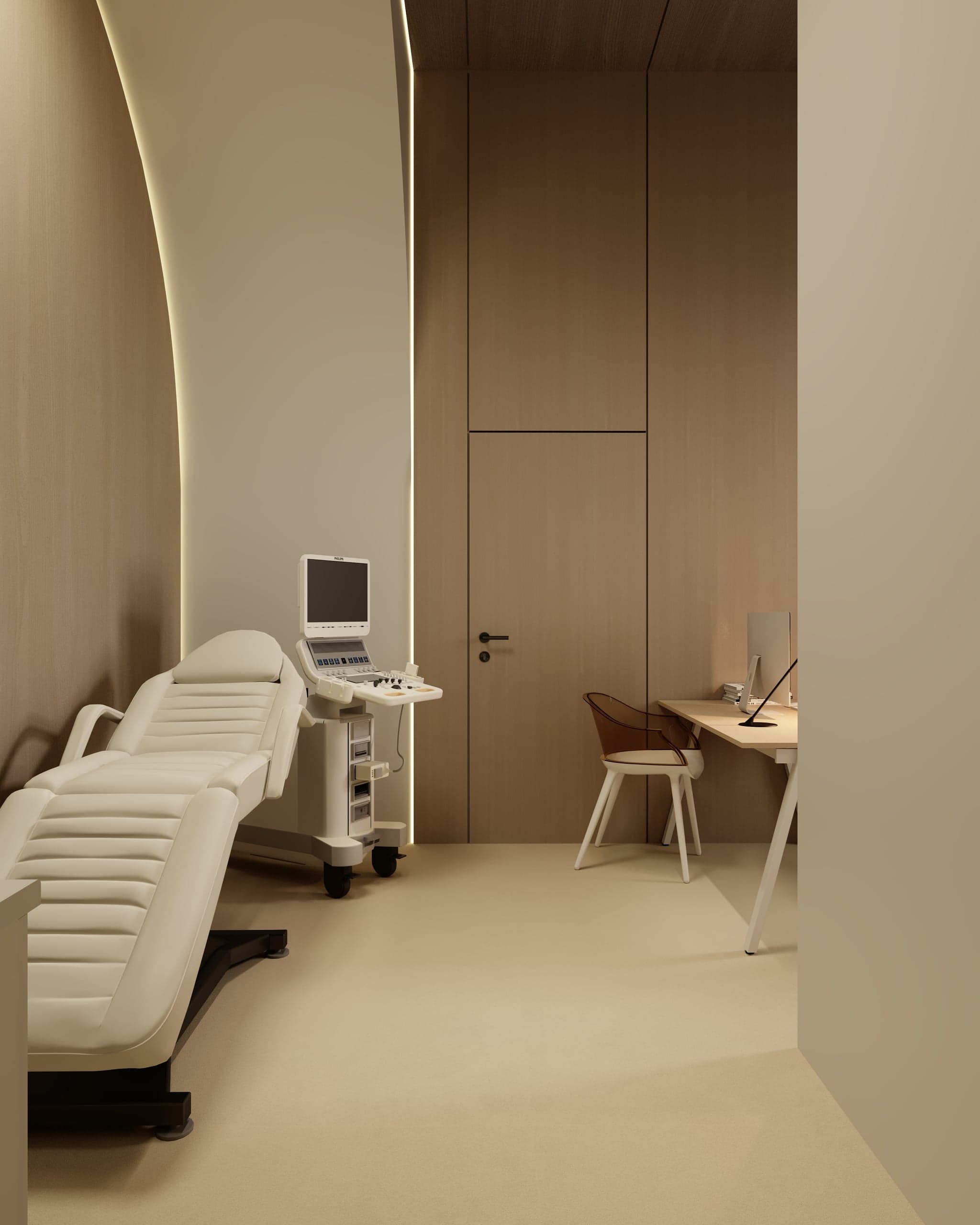 Cabină de tratament cu birou și lemn în Clinica de Fizioterapie