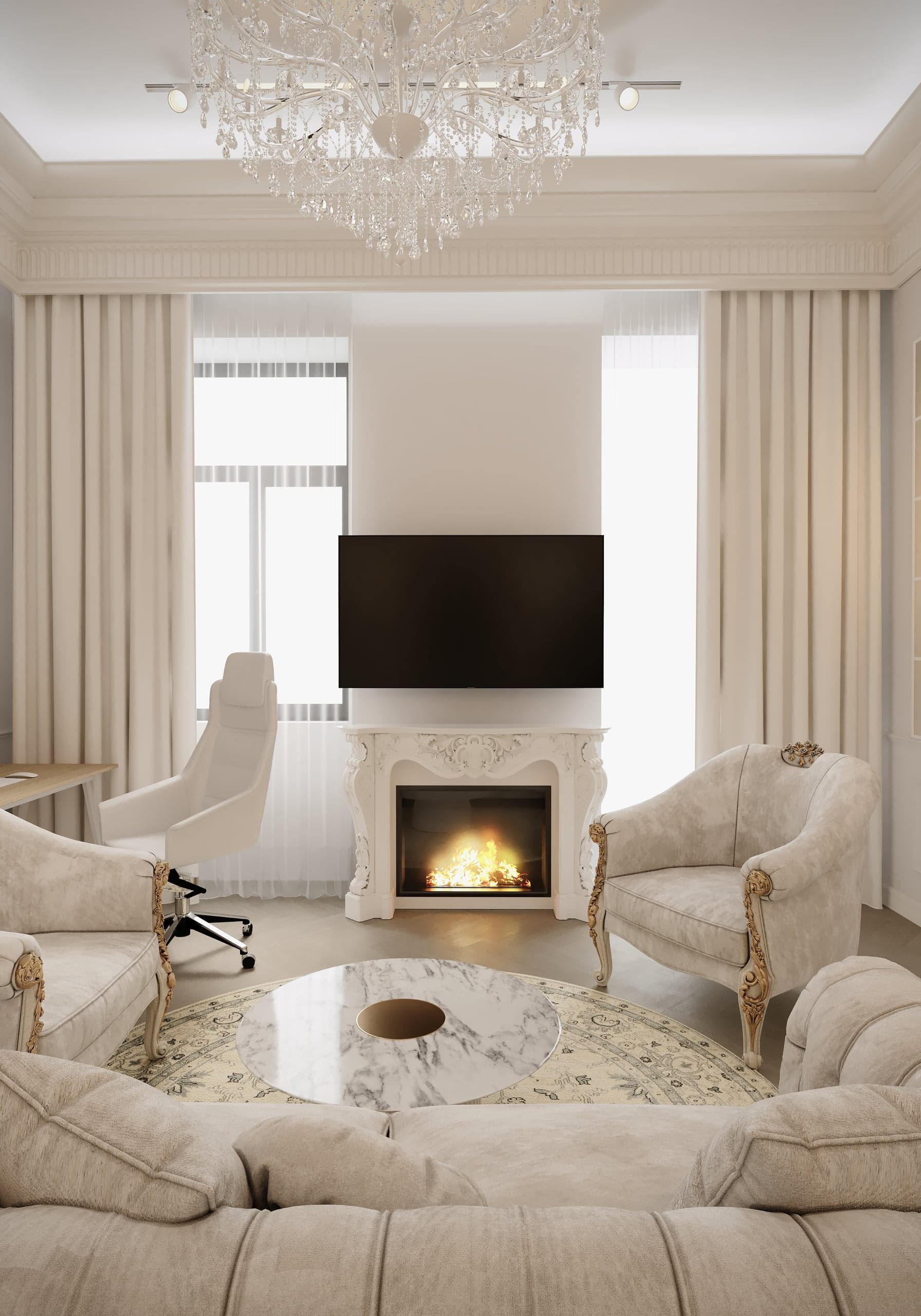 Lounge cu șemineu și candelabru de cristal în Clinica de Fizioterapie