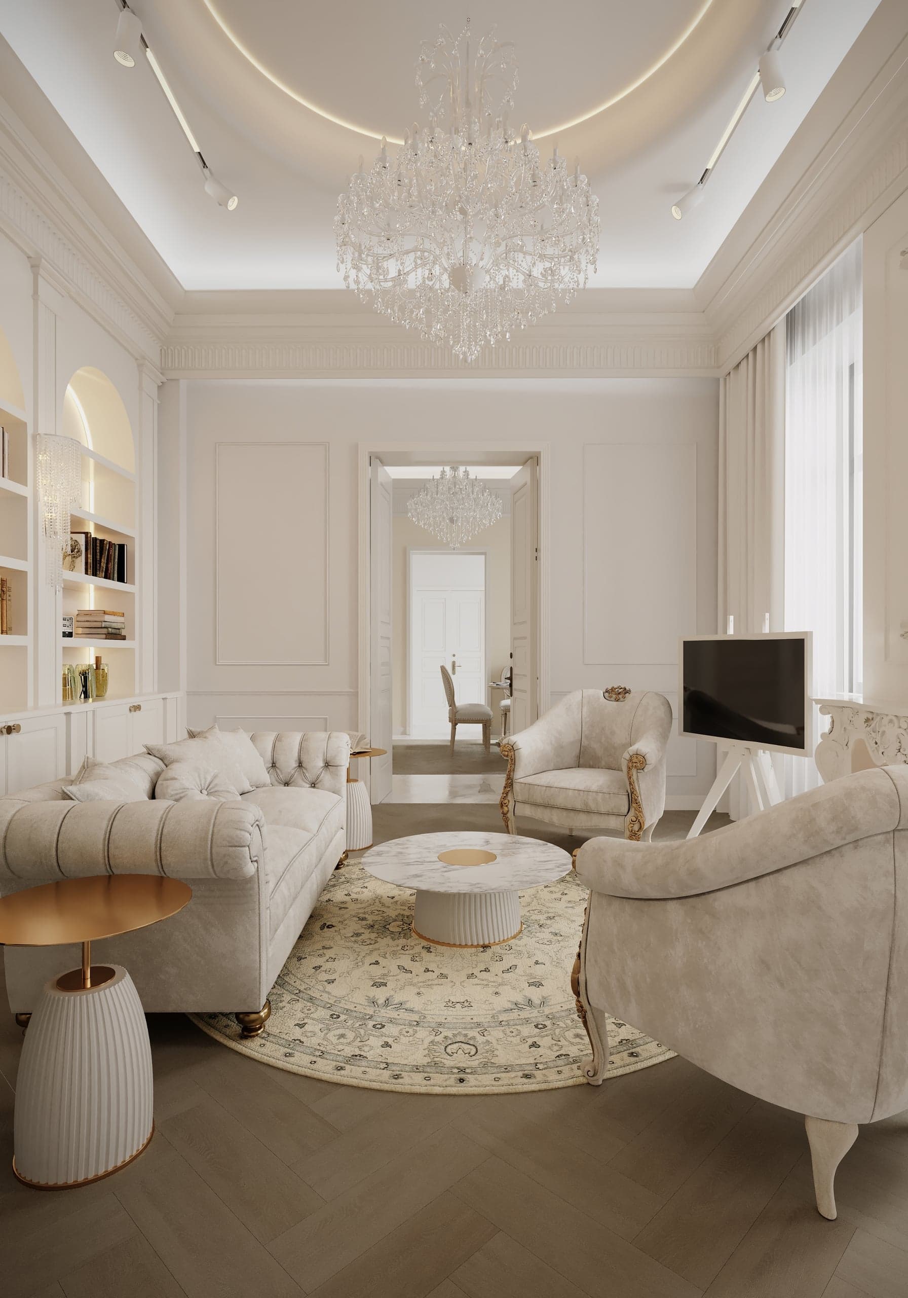 Lounge neoclasic cu candelabru de cristal în Clinica de Fizioterapie