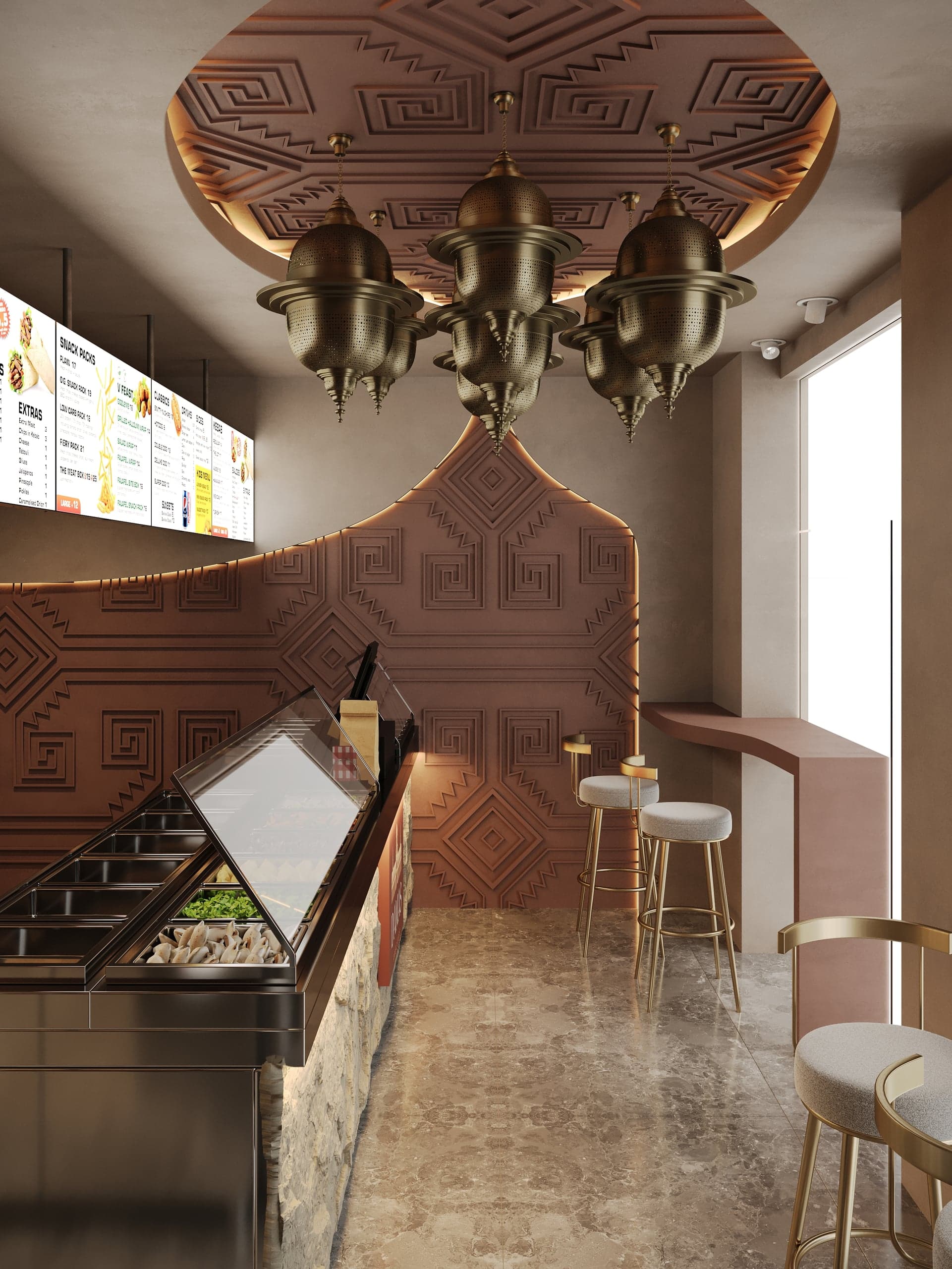 Zonă de bar cu scaune aurii și tavan geometric în Șaormeria Damas