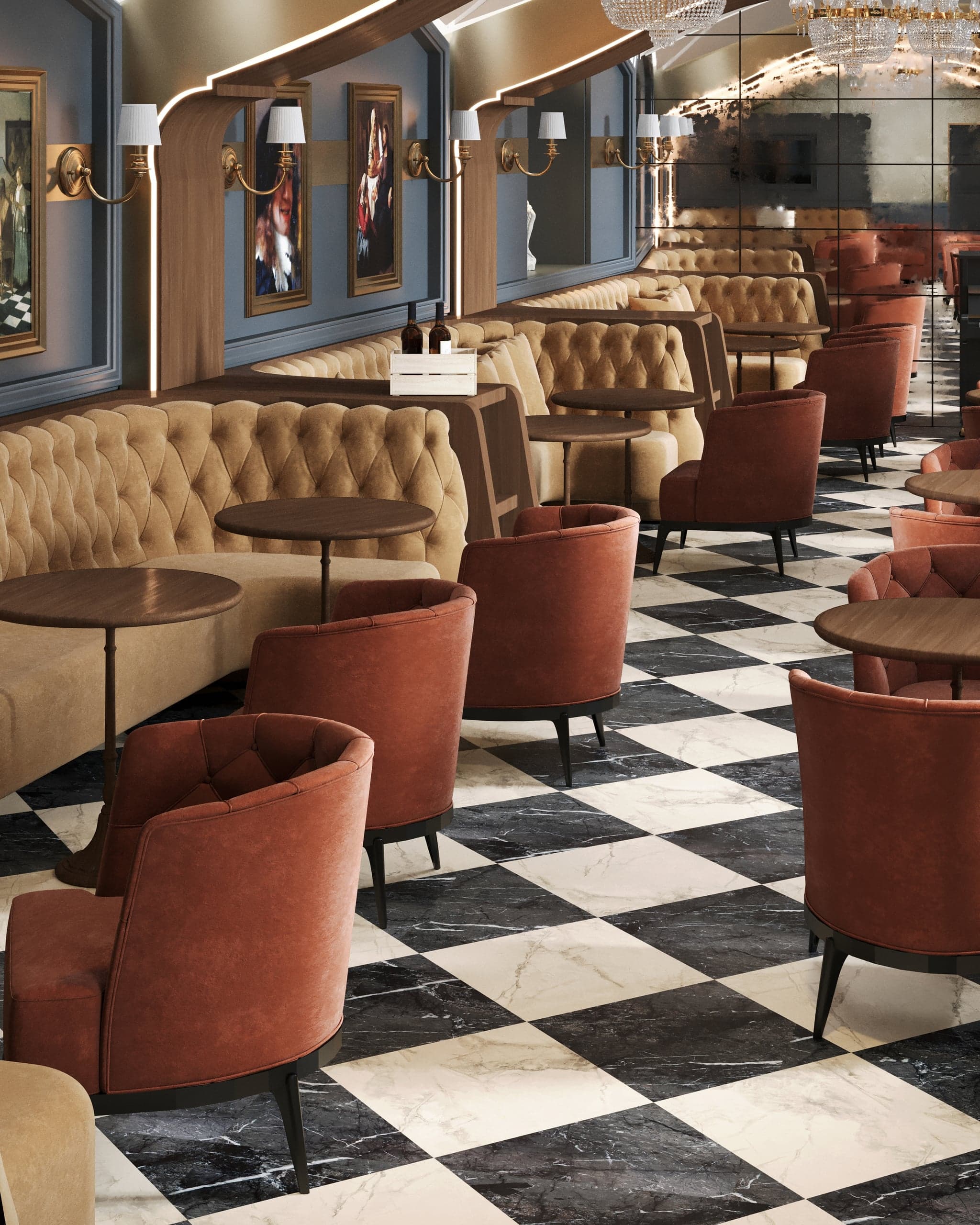 Lounge cu banchetă ocru și fotolii terracotta în La Vermeer