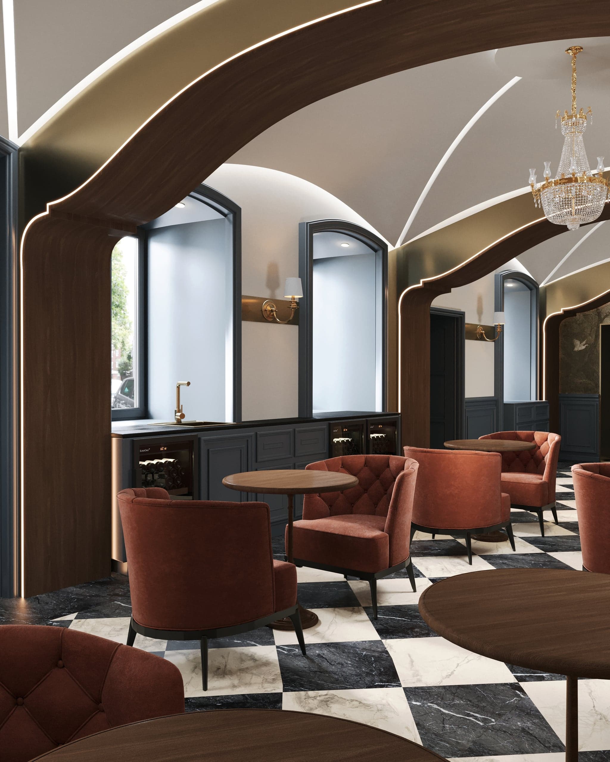 Lounge cu fotolii terracotta și bolți iluminate în La Vermeer