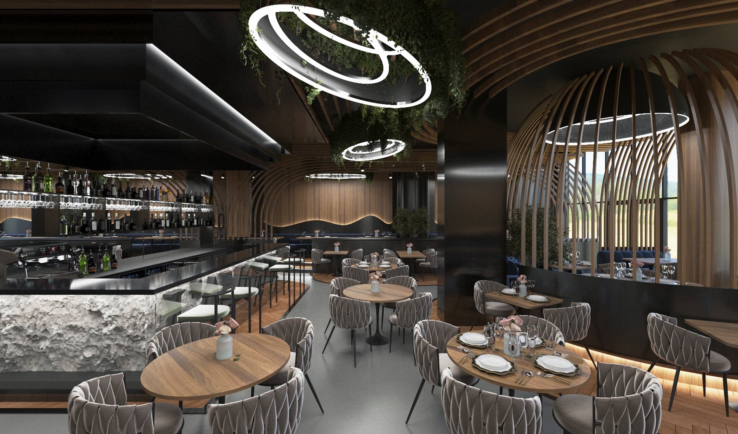 Restaurant L'Amour — vedere principală a interiorului amenajat de PODOQ Studio