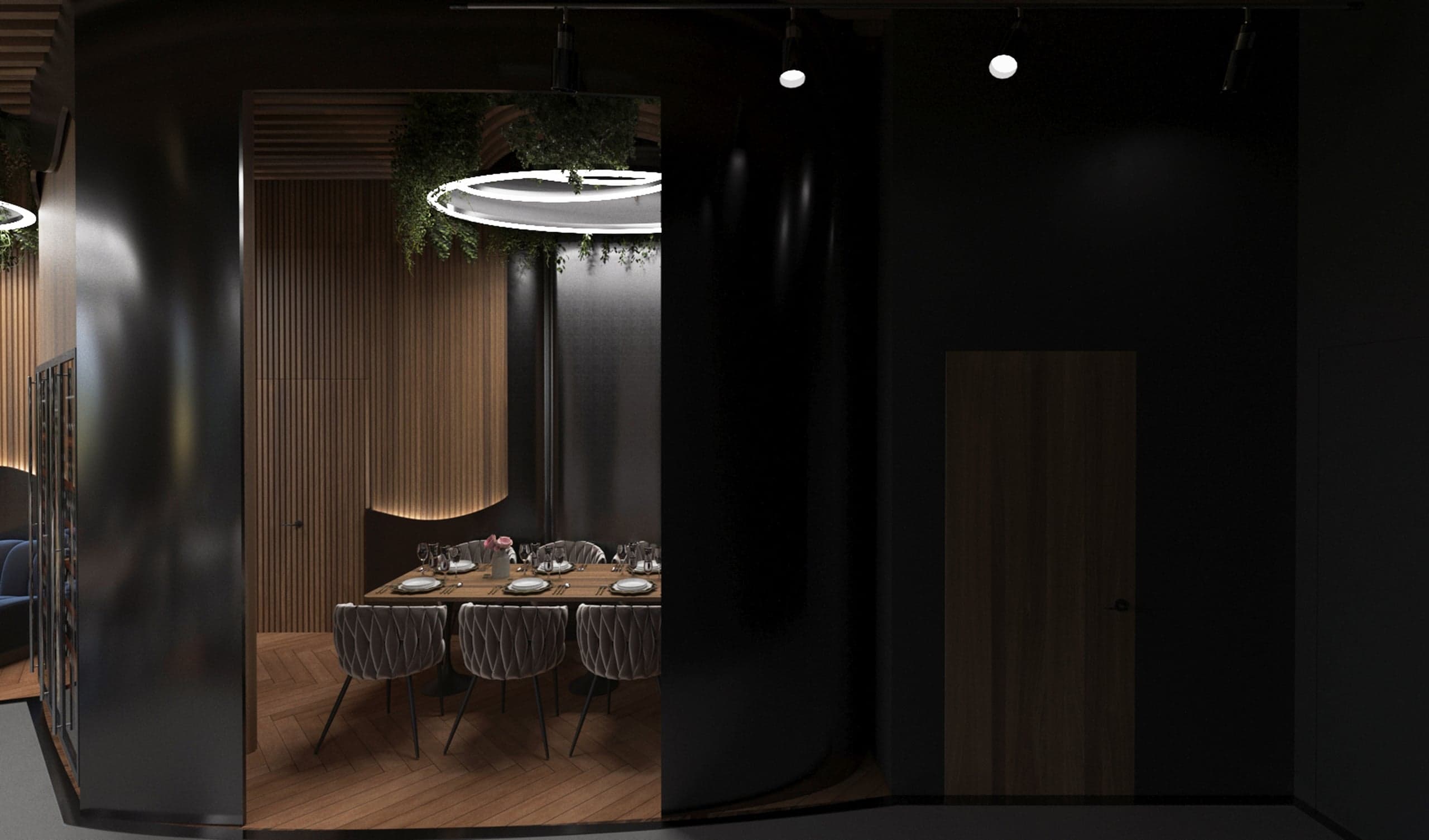 Salon intim cu masă de dining în Restaurant L'Amour