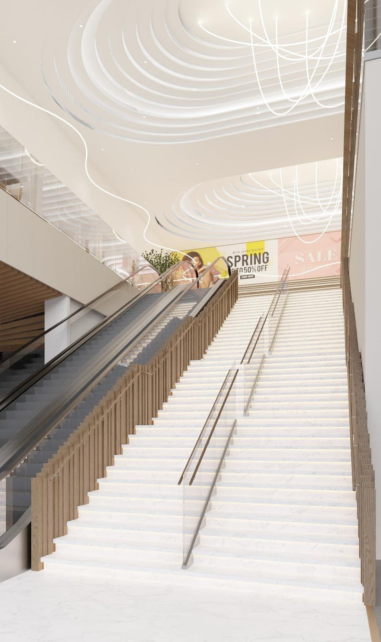 Scară și escalatoare sub tavan ondulat în Mall Ario