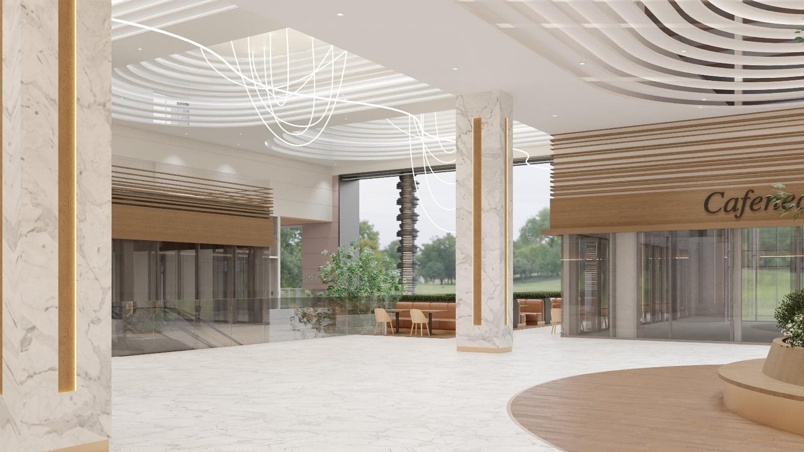 Hol luminos cu cafenea și ferestre mari în Mall Ario