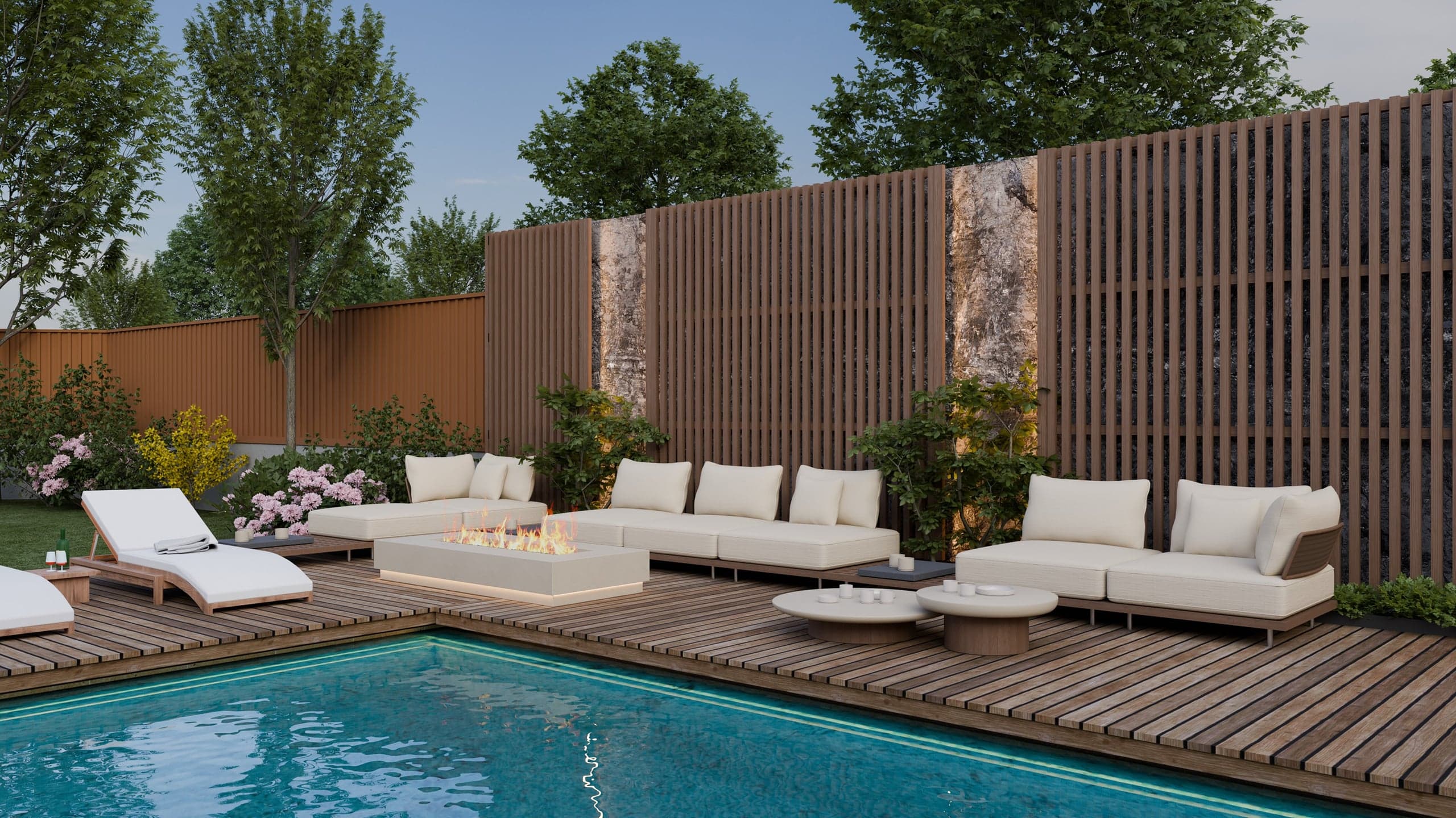 Lounge cu foc deschis lângă piscină în Terasa Mareia