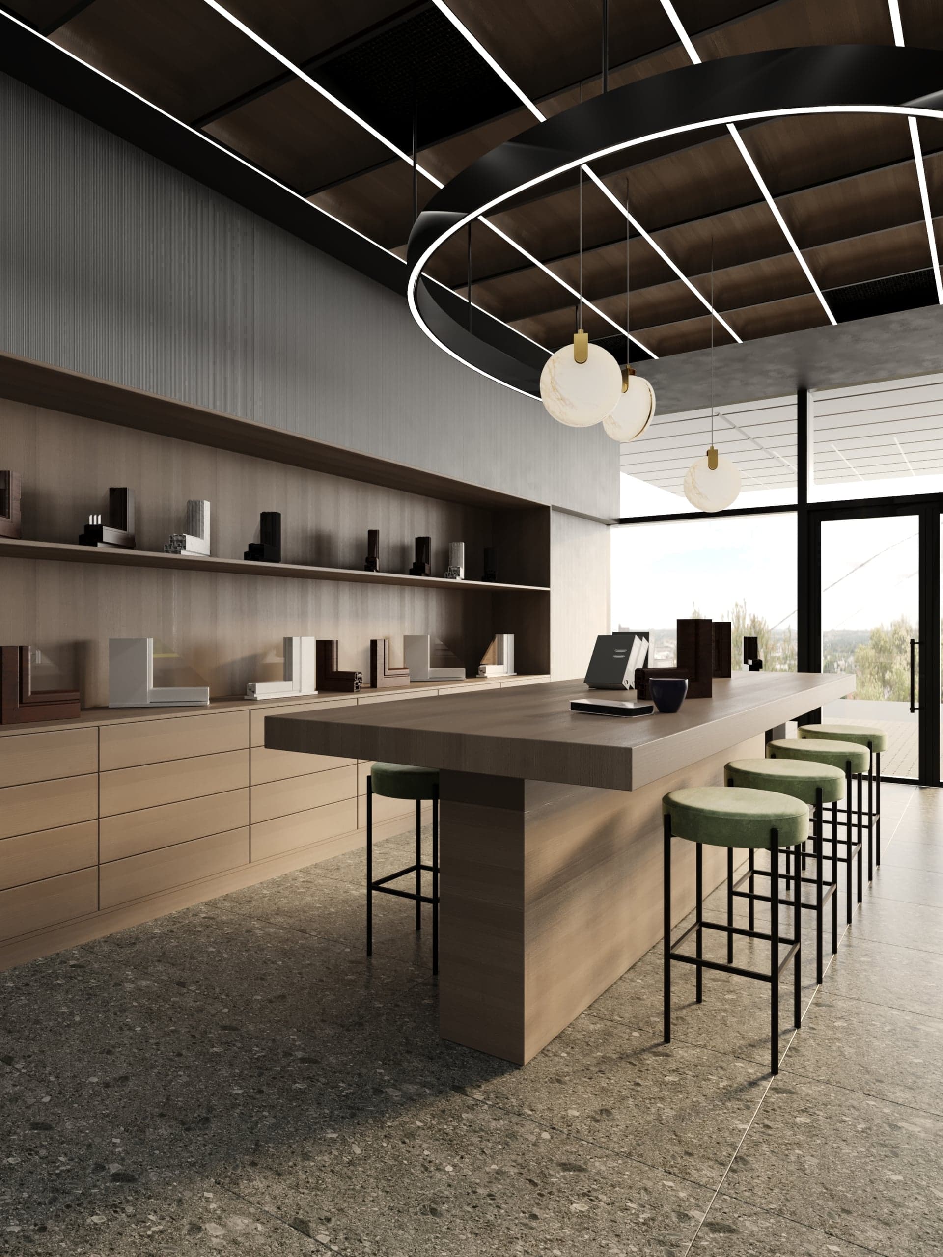 Masă de consultanță și mostre de tâmplărie în Showroom Deco Plast