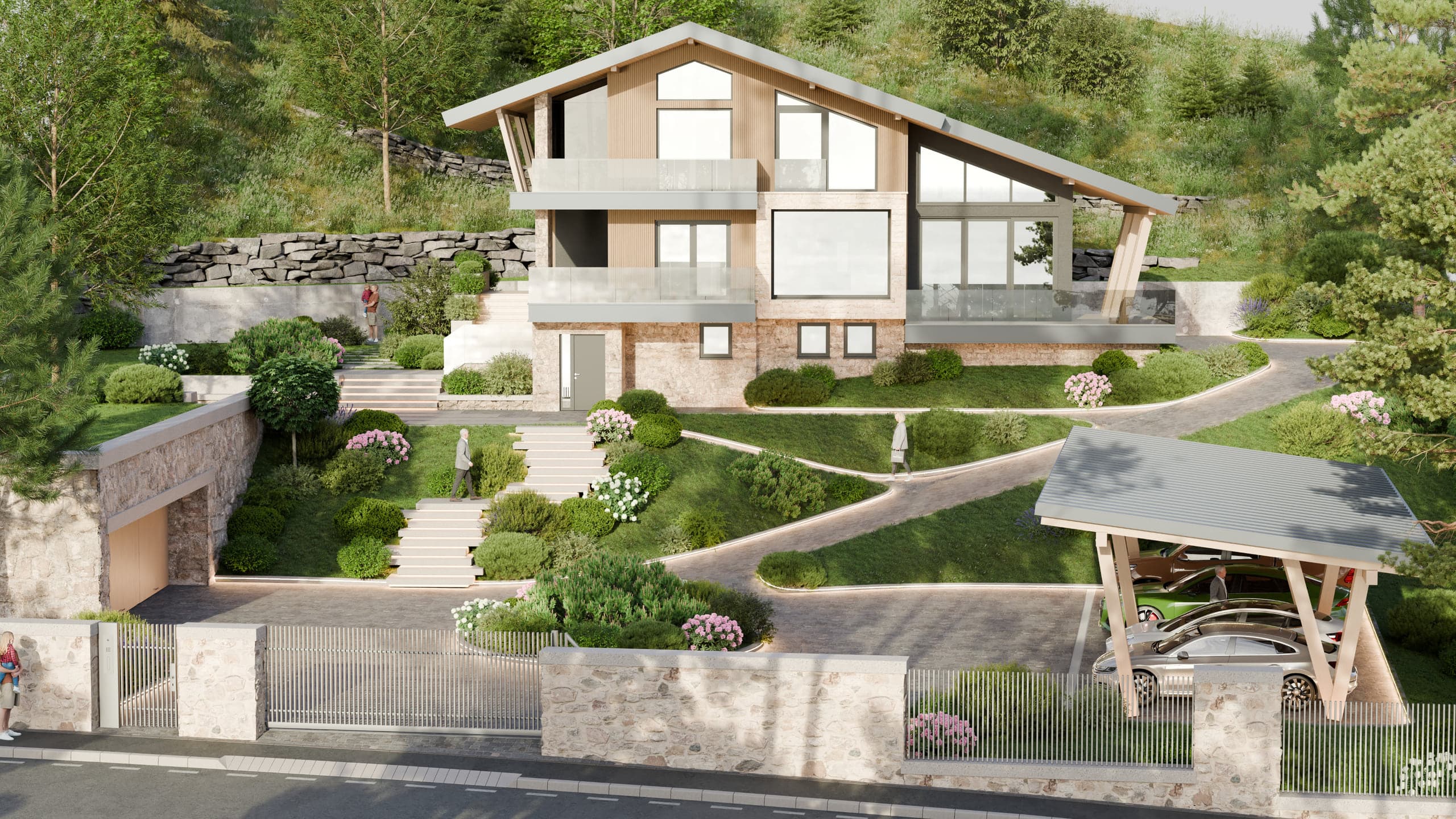 Exterior modern cu grădină terasată și carport în Vila Tirol