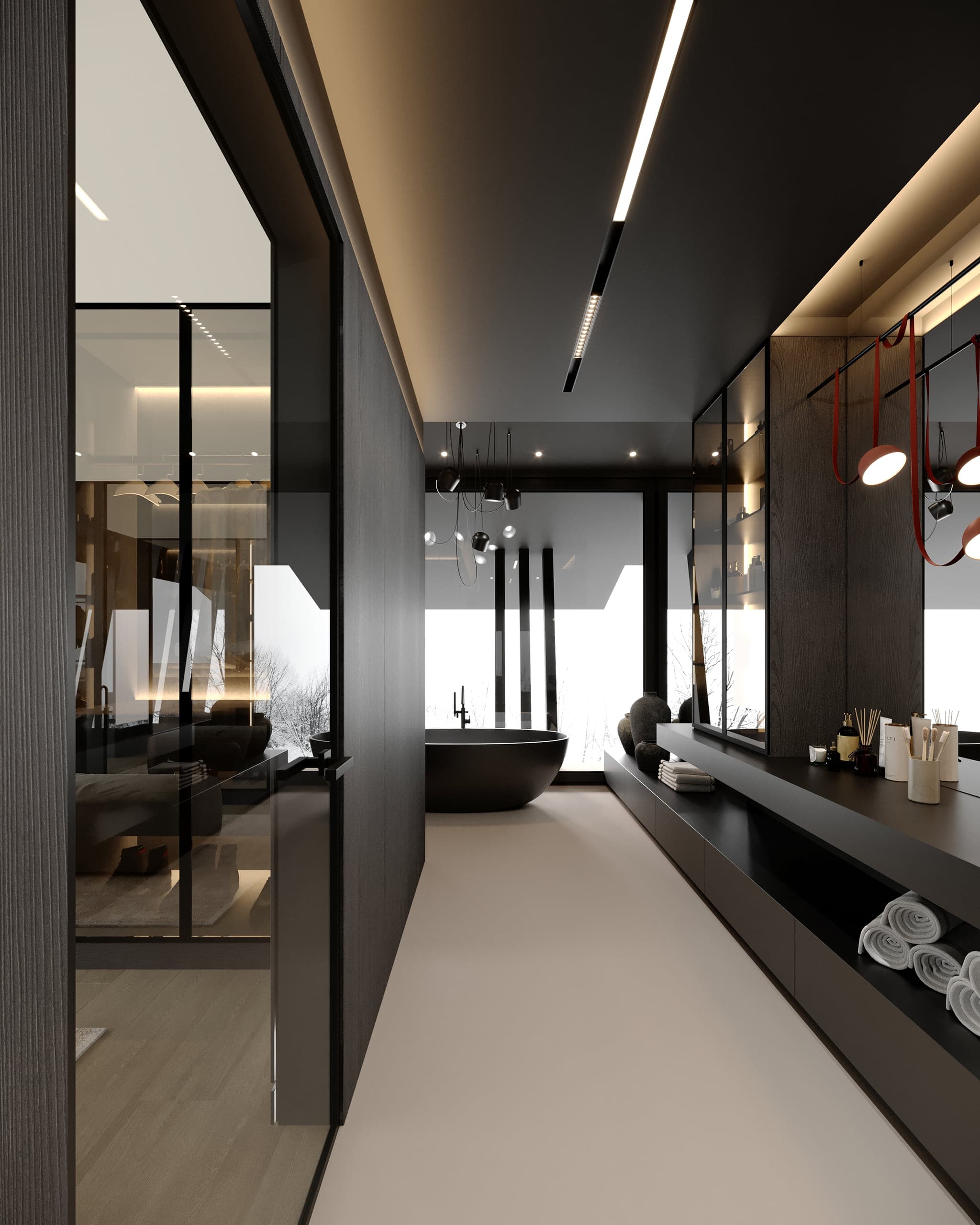Baie lungă cu cadă freestanding neagră și vanity în Vila Tirol