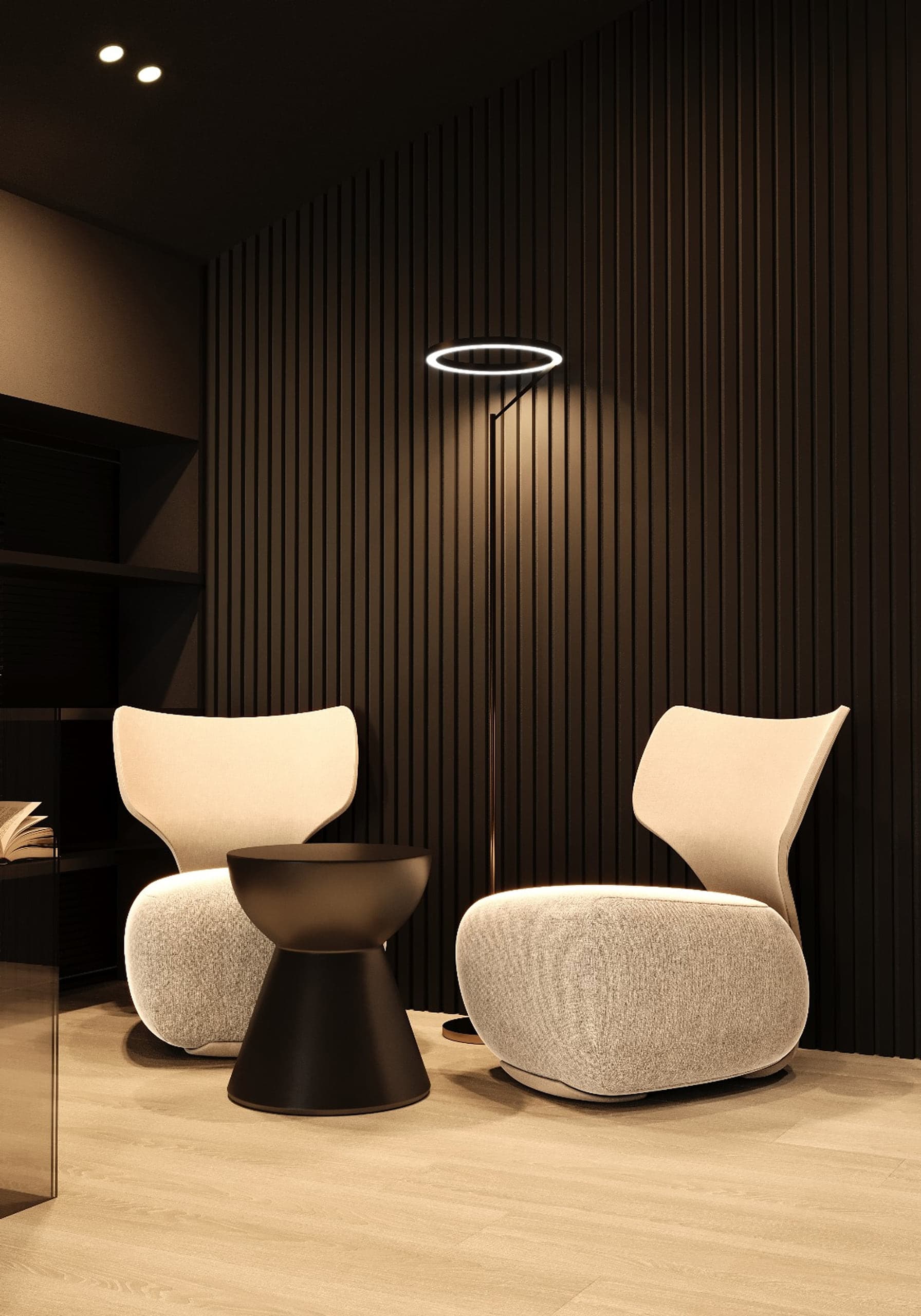 Lounge cu fotolii sculpturale și lampă circulară în Vila Tirol
