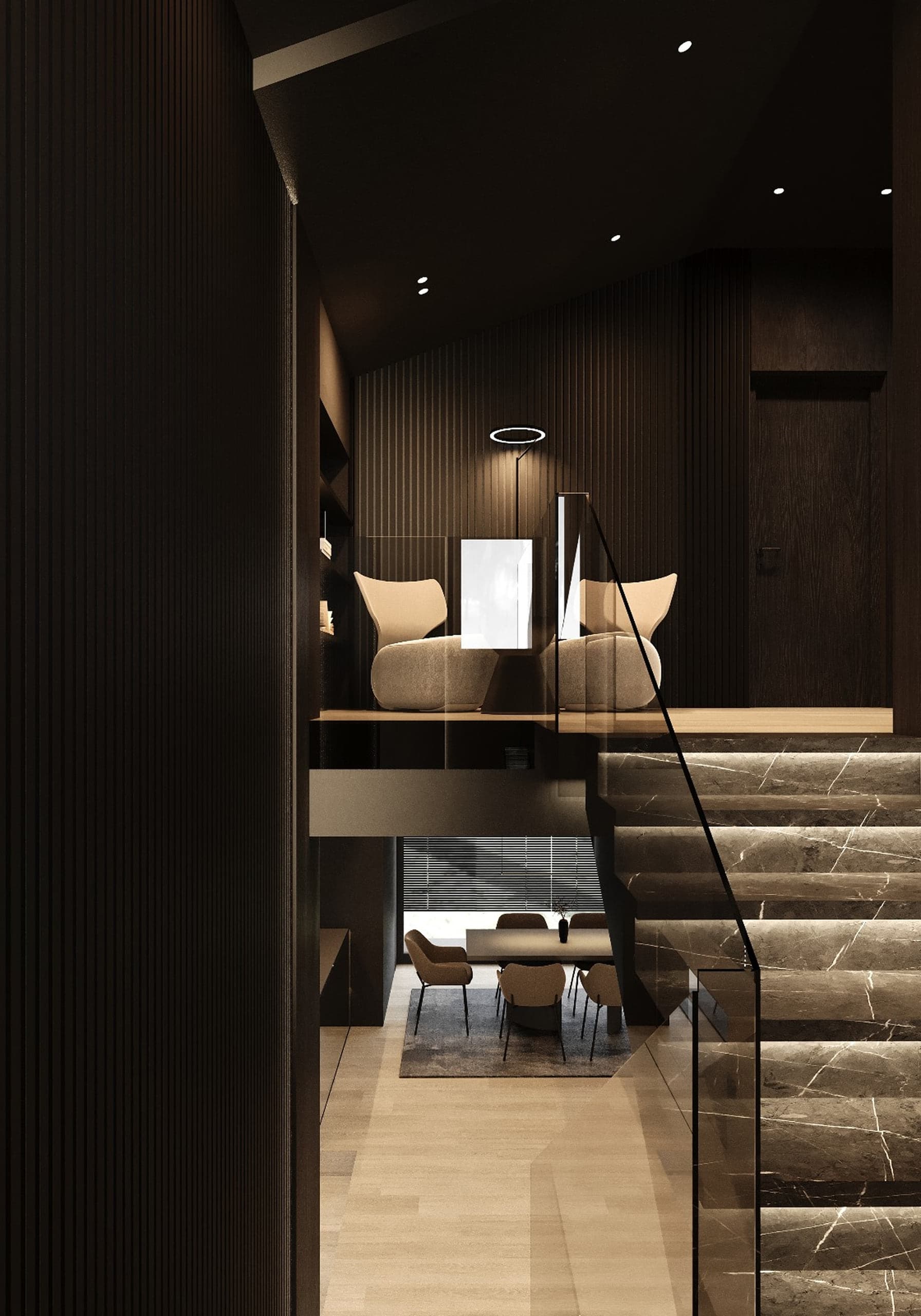 Scară de marmură iluminată între lounge și dining în Vila Tirol