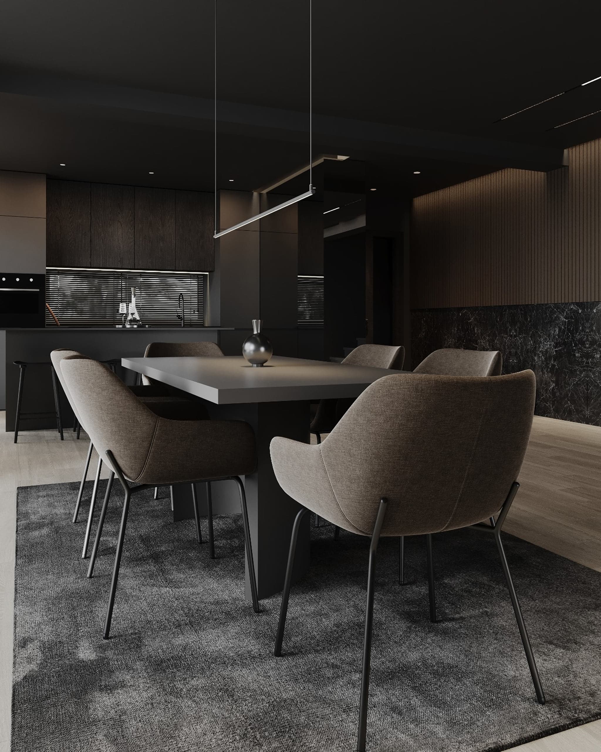 Dining deschis spre bucătărie cu lumină liniară în Vila Tirol