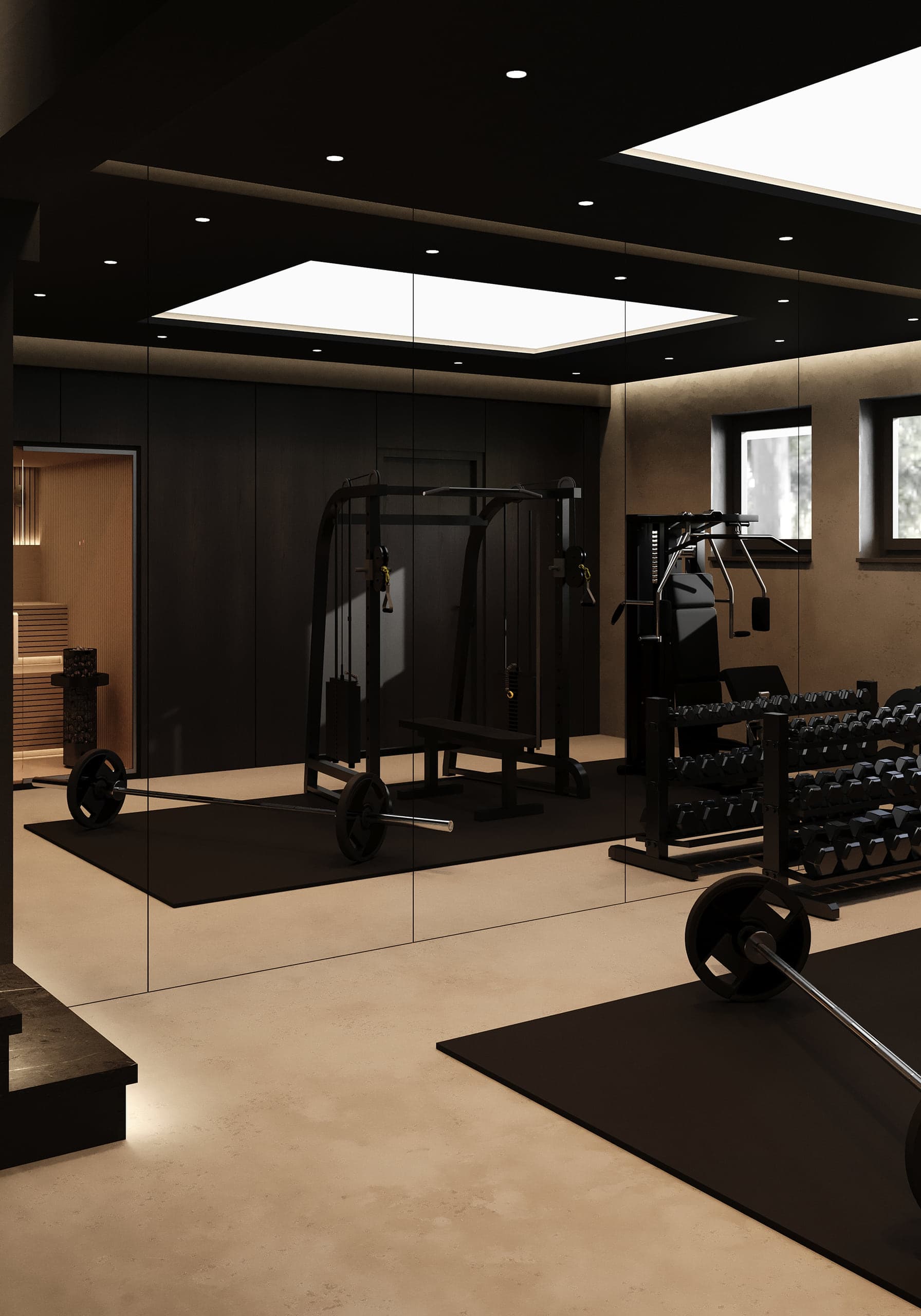Saună din lemn cu sticlă și zonă de fitness în Vila Tirol