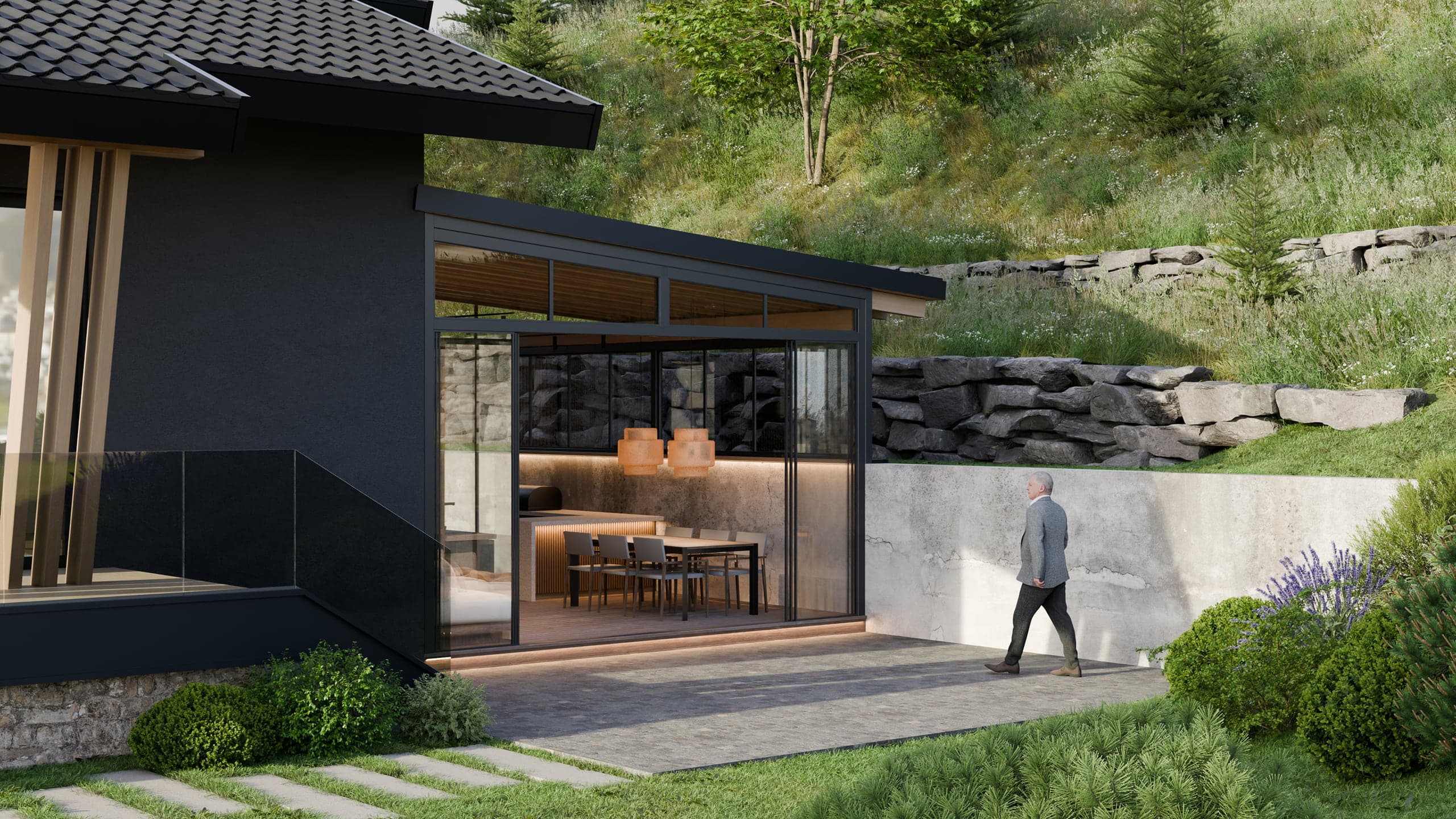 Exterior modern cu grădini terasate pe pantă în Vila Tirol
